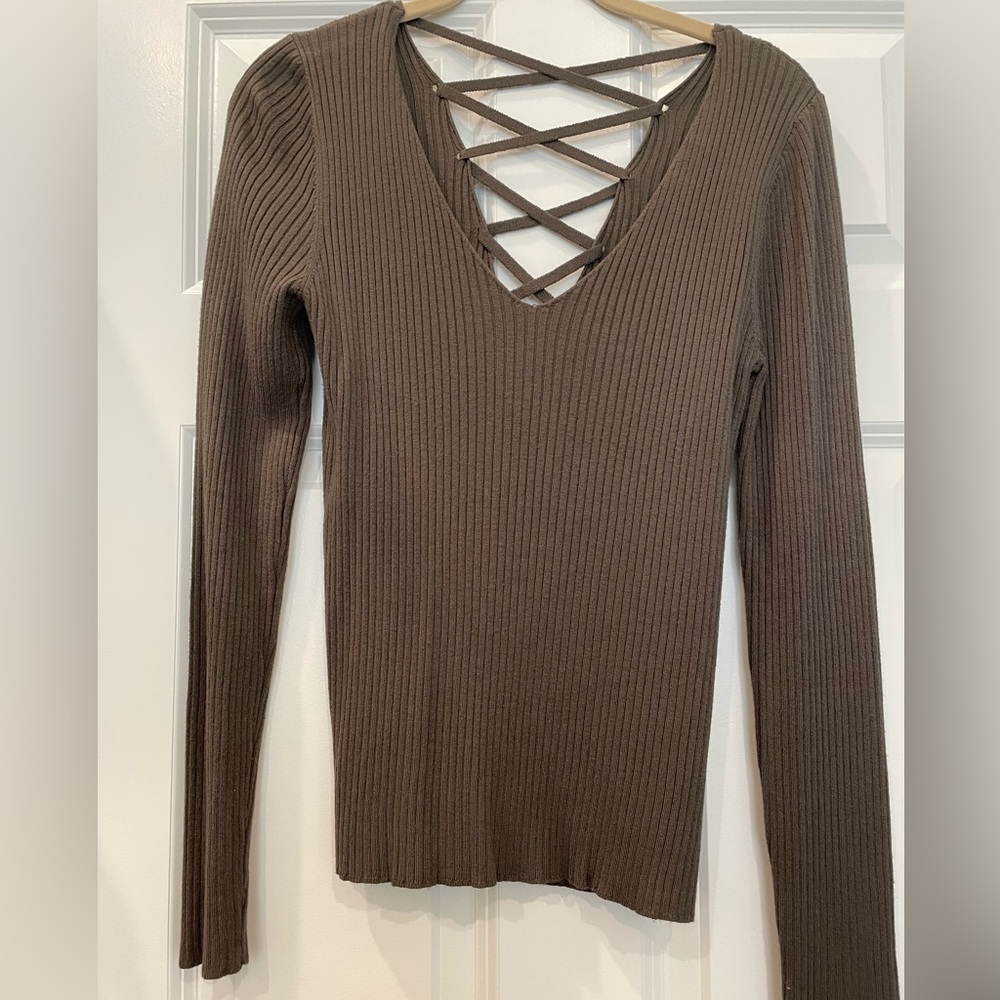 Nwot Miss Selfridge knit long sleeve v neck sweater. Faux lace up back. Olive. S